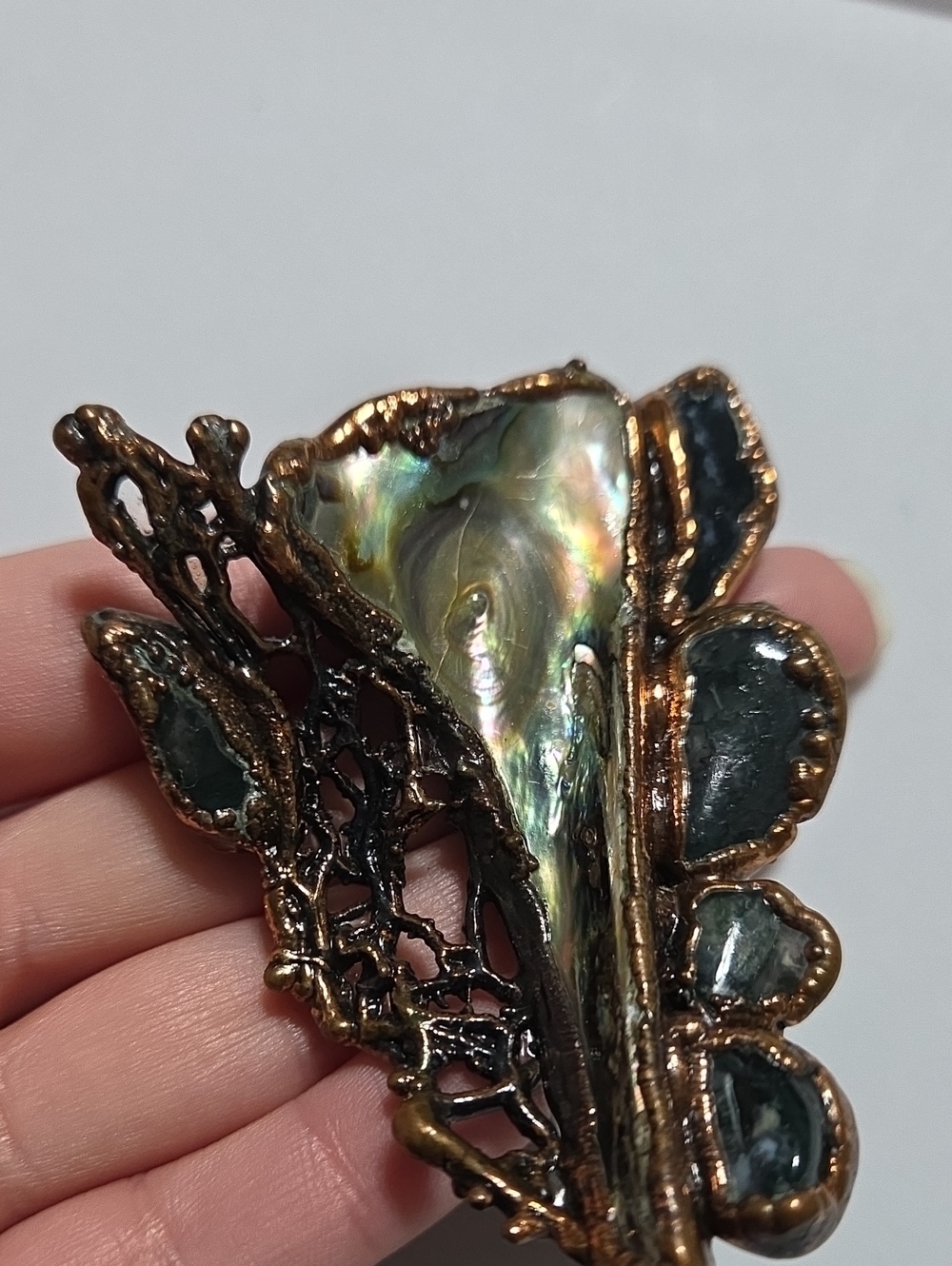 Vintage Large Chunky Abstract abalone Moss Agate Brooch Cooper? Unique statement - Picture 9 of 9